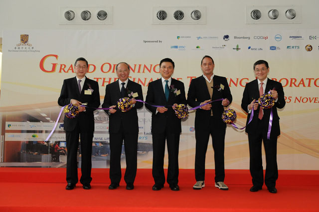 CUHK Establishes Top World-class Finance Trading Lab<br><br>At the ribbon-cutting ceremony. From left: Prof. Paul Chow, Adjunct Professor, Department of Finance, CUHK; Prof. Michael Hui, Pro-Vice-Chancellor, CUHK; Prof. K.C. Chan, Secretary for Financial Services and the Treasury, HKSAR Government; Prof. Ralph van Put, Adjunct Professor, Department of Finance, CUHK; and Prof. T.J. Wong, Dean of Business Administration, CUHK