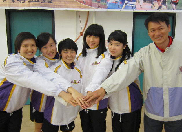 The CUHK women's squash team collected their first ever championship at the intervarsity tournament in February 2011, and are seen here with their coach.