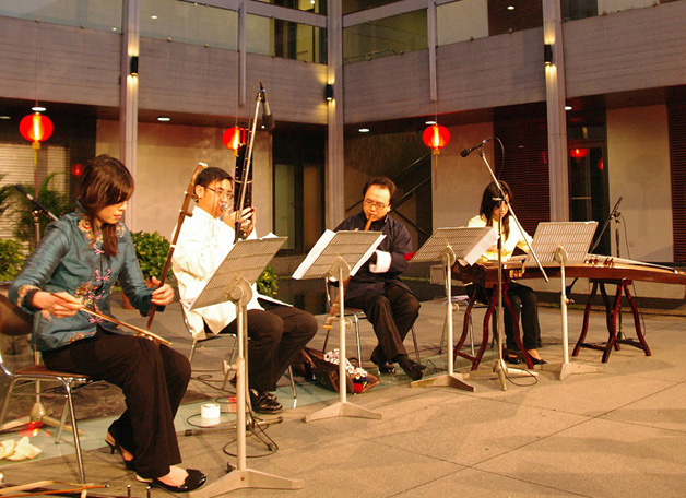 A Little Night Music to celebrate Lunar New Year: an ensemble of CUHK and HKAPA graduates playing in the courtyard of the Institute of Chinese Studies.