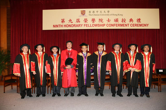 The 9th Honorary Fellowship Conferment Ceremony<br><br>The University were conferred honorary fellowships to Prof. Lee Pui-leung Rance (1st left), Mr. Leung Yingwai Charles (2nd left), Prof. Thomas Chung-wai Mak (3rd left), Prof. Sun Sai-ming Samuel (3rd right), Dr. Tam Wah-ching (2nd right) and Prof. Wu Weishan (1st right). Dr. Vincent H.C. Cheng (5th left), Chairman of the University Council, presided at the ceremony.