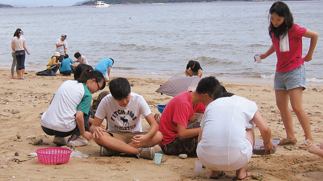 中大学生组队协助清理2012年7月被台风韦森特吹到海中并漂流到各海滩的聚丙烯塑胶粒。