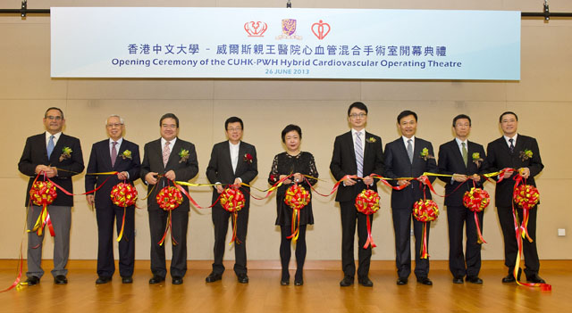 CUHK-PWH Hybrid Cardiovascular Operating Theatre Opens<br><br>From left: Prof. C.A. van Hasselt, Chairman, Department of Otorhinolaryngology, Head and Neck Surgery, CUHK; Mr. Edward Ho, Chairman of the Hospital Governing Committee, Prince of Wales Hospital; Mr. Anthony Wu, Chairman, Hospital Authority (HA); Mr. Raymond Yim Chun-man and Ms. Grace Fong Yin-cheung, representatives of the donor; Prof. Francis K.L. Chan, Dean of Medicine, CUHK; Dr. Leung Pak Yin, HA Chief Executive; Dr. Fung Hong, Cluster Chief Executive, New Territories East Cluster; and Prof. Paul B.S. Lai, Chairman, Department of Surgery, CUHK