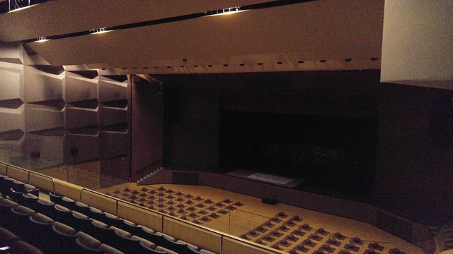 Stage lights of the Sir Run Run Shaw Hall are all changed to LED. When the theatre is unused, only a dim row of emergency lights remain lit 
